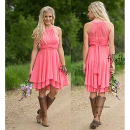 Coral Coloured Country Westen Ruched Chiffon Short Bridesmaid Dresses Knee Length Maid Of Honour Dresses With Cowboy Boots 0510