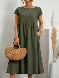 Urban Sexy Dresses Womens summer dress new round neck short sleeved cotton pleated elegant dress fashionable solid Colour combination retro long skirt d240510