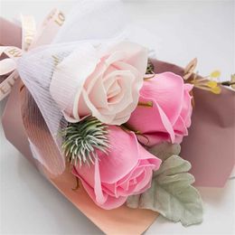 3Pcs Gift Wrap 3 Heads Artificial Rose Bouquet Hand Holding Soap Flower Simulated Scented Perfect Wrap Nice-Looking Flower Valentine Day Gift