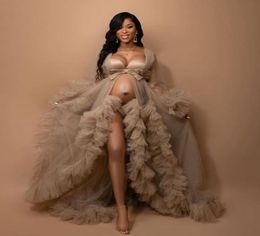 Khaki African Maternity Dress Robes for Po Shoot or baby shower Ruffle Tulle Chic Women Prom Gowns Ruffles Long Sleeve Pogra1108449