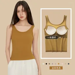 Women's Swimwear Spring Summer Non Steel Ring Cup Integrated Vest Inner Lap With Bra Round Neck Solid Color Bottomed Suspender