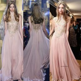 Elie Saab Blush Chiffon Evening Dresses With Gold Appliques Lace Prom Dress Illusion Party Gowns A Line Maxi Dress Vestido De Festa 0510