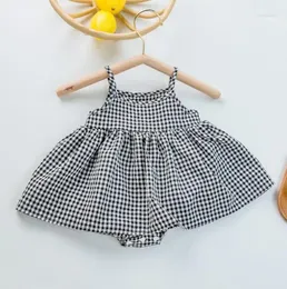 Girl Dresses 2024 Korean Version Of Baby Camisole Bag Buttocks Summer Thin Checkered Jumpsuit Dress