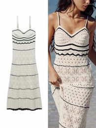 Casual Dresses TRAFZA Women's Beach Style Crochet Wool Slim Halter Long Dress Fashion Elegant Mesh Sleeveless Spaghetti Strap Sexy Midi