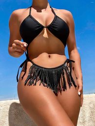 Women's Swimwear Wholesale Sexy Bikini Set Solid High Cut Two Pieces Front Frnge Brazilian Bathingsuit Beachwear