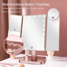 Compact Mirrors Luminous makeup mirror with LED adjustable touch screen and 1X/2X/3X/10X enlarged glass folding mirror d240510