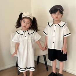 Clothing Sets 2024 Summer Children Short Sleeve Cotton Set Toddler Boys Shirts Shorts Suit Girls Navy Collar Dress Brother Sisters Outfits