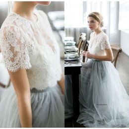 Vintage Bohemian Short Top Tulle Skirt Country Wedding Gowns Capped Sleeve Lace Bridal Dresses Custom Made 0510
