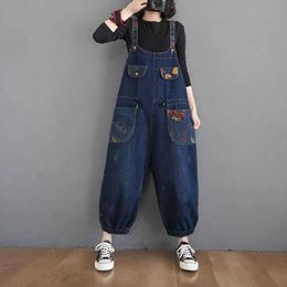 Women's Jumpsuits Rompers Denim Jumpsuits for Women Large Size One Piece Outfit Women Pocket Print Rompers Loose Korean Fashion Casual Vintage Bodysuits Y240510
