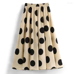 Skirts Big Polka Dot Print Chiffon Pocket Pleated For Women High Waist Spring Summer A Line Umbrella Black Midi Length Skirt