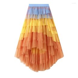 Skirts SURMIITRO Ankle Length Maxi Tulle Skirt For Women 2024 Fashion Design Contrast Ireegular Hem High Waist Long Female