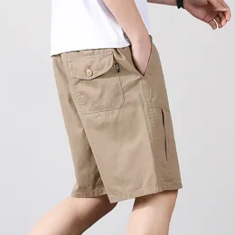 Men's Shorts Summer Pocket Solid Color Pockets Elastic High Waist Loose Clothing Cargo Straight Sweatpants Trousers Preppy Style
