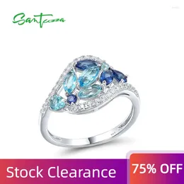 Cluster Rings SANTUZZA Genuine 925 Sterling Silver For Women Marquise Colourful Blue Spinel White CZ Original Anillos Gifts Fine Jewellery