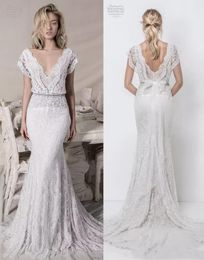 Boho Lace Sheath Wedding Dresses Mermaid Lihi Hod Lace Bridal Gowns Sequined V Neck Bohemian Beach Bridal Dresses Low Back Vestido3319935