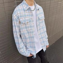 Men's Casual Shirts Autumn Clothing Luxury Ripped Plaid Shirt Retro Solid Color Button-down Long Sleeve Streetwear Check Clothes