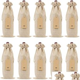 Packing Bags Wholesale 12Pcs Rustic Jute Burlap Wine Dstring Ers Reusable Bottle Wrap Gift Package Bag35X15 Drop Delivery Office Schoo Dhy42