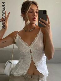 Women's Tanks BOOFEENAA Lace Trim Button Up Deep V Neck & Camis Summer Cute Sexy Y2k Tops White Womans Crop Resort Style C95-CC10