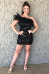Party Dresses Black Feather Homecoming One Shoulder Junior Short A-line Prom Graduation Dress Cocktail Gowns Robe De Mariee