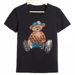 Women's T Shirts 2024 Arrivals T-shirts For Women Fashion Bear Cartoon Rhinestone Tops Ladies Tshirts