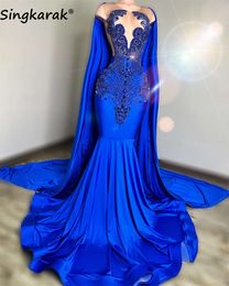 NOWOŚĆ 2024 ROLEY BLUE DIONDS SINGEID PROM Z ZA CAPE GLOTTER PEAD Crystal Rhinestones Suknia dla Black Girls Party Sukienka