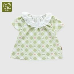 T-shirts Girls Summer Top Short Sleeve Green T Shirt for Kids Girl Sweet Plaid Bear Print Tops 1-6 Years Children Baby Cotton ClothesL2405