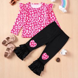 Clothing Sets Toddler Girl Clothes Set Ruffle T-shirt Leopard Print Tops Flared Pants Outfits Kids Girls Suits