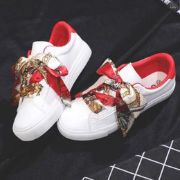 Fitness Shoes Women White Casual Riband Lace Leather Waterproof Sneakers With Bow Silk Ribbon 2024 Autumn Scarf Lacing Low Top 35-40