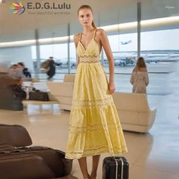 Casual Dresses EDGLuLu Summer Clothes For Women Beach Vacation V-Neck Sleeveless Sexy Dress Hollow Embroidered Lace Yellow Long 0504
