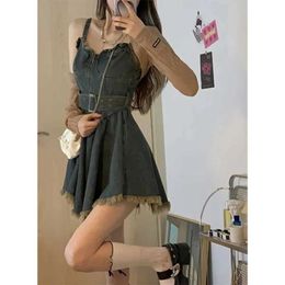 Basic Casual Dresses MEXZT Y2K Belt Denim Mini Dress Women Vintage Irregular Tassel Spaghetti Strap Jeans Dresses Strtwear A Line Tunic Vestidos Y240509