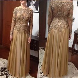 Cheap Modest Beaded Mother Of The Bride Dresses Long Sleeves Sequined Plus Size Lace Wedding Guest Dress Gold Floor Length Evening Gown 228J