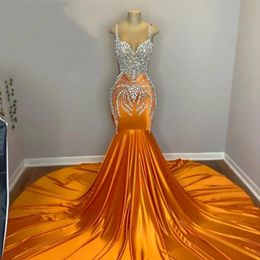 Orange Sexy Mermaid Prom Dresses 2023 For Black Girls Luxury Beads Rhinestone Party Dress Evening Gown Robe De Bal Aso Ebi Zipper GW022 248J