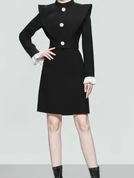 Work Dresses Women 2 Pcs Set Long Sleeve Pacthwork Button Stand Coat High Waist Solid Color Skirt Suit Elegant 2024 Spring 15G7490
