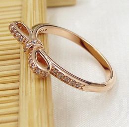 925 Sterling Silver Sparkling Bow Ring Set Original Box for grain Women Wedding CZ001 Diamond bowknot 18K Rose Gold Ring9653028