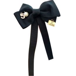 Women Long Ribbon Bow Tie Brooch Number 5 Faux Pearl Lapel Pin Pre-Tied Necktie Neck Ties 2387