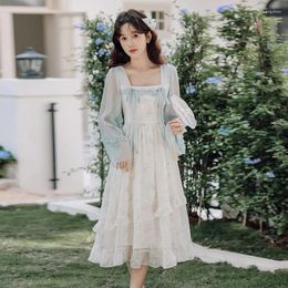 Casual Dresses 2024 Vintage Print Dress For Women Sling Long Sleeve Slim Flounce Chiffon Korean Female Clothing Summer