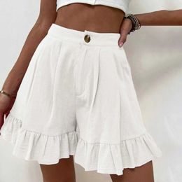 Women's Shorts White WomenS Shorts Summer Loose Fitting Wide Leg Shorts With A Line Ruffle Trim Cotton Linen Texture For Casual Soft Wear Y240504