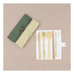 Dinnerware Sets 7Pcs/Set Portable Cutlery Set Outdoor Travel Bamboo Flatware Knife Chopsticks Fork Spoon For Student Tablewares Drop D Dhu9F