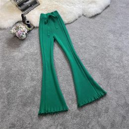 Women's Pants High Waist Black Wood Ear Edge Design Woman Fashion Knitted Winter Thickening Warm Drawstring Cashmere Flare