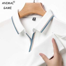 Men's Polos Summer mens solid short sleeved striped polo shirt with a breathable and comfortable V-neck lightweight T-shirt Q240509
