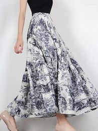 Skirts Autumn/Winter Totem Ink Painting Style Women Skirt Hepburn Fluffy A-line Type Printed Pleated Haf Dress Vintage Elegant Robe