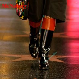 Boots Mixed Colours Pointy Toe Knee High Leather Buckles Patchwork Slip On Boot Women Shoe Autume Winter Party Dress Fashion