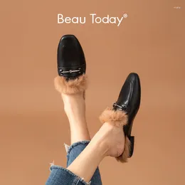 Casual Shoes BeauToday Fur Women Calfskin Mules Hair Metal Decoration Square Toe Outdoor Ladies Flats Handmade 37020