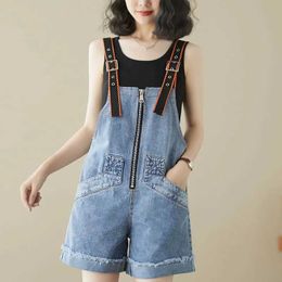 Women's Jumpsuits Rompers Denim Jumpsuits Korean Fashion Playsuits One Piece Outfits Women Clothing Oversized Blue Shorts Emaciated Zipper Wide Leg Pants Y240510