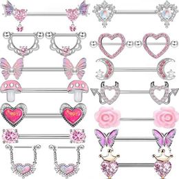 Nipple Rings 1 pair of stainless steel pink Nipple perforated Jewellery heart-shaped wings Nipple barbell moon devil Nipple ring body perforated Pezon Mujer Y240510