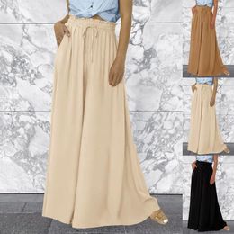Women's Pants Flare Culottes Summer Solid Vintage High Waist Ruffled Drawstring Wide Leg Leisure Bloomers Palazzo Trousers