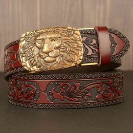 Belts Domineering Male Lion Head Automatic Buckle Men's Real Leather Leisure Tang Grass Pattern Carved Trouser Fashion 197H
