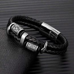 Charm Bracelets MKENDN Viking Style compass Norse Runes Amulet Double-Layer Stainless Steel Mens Leather Bracelet Norse Mythology Jewellery Y240510