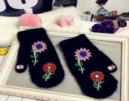 Five Fingers Gloves Women Winter Colourful Crystal Flower Design Fur Fashion Hand Warmes Brand13355793