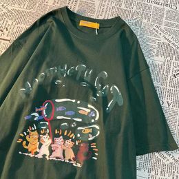 Women's T-Shirt HipHop Brand Bubble Fish Fun Cats Print T Shirts 100%Cotton Oversized Grn Short Slve Harajuku Anime Y2k Tops Summer Couples Y240509