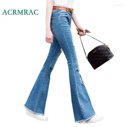 Women's Jeans ACRMRAC Women's 2024 Spring And Autumn Slim Light Blue Middle Waist Tassel Holes Skinny Flare Pants Full Length